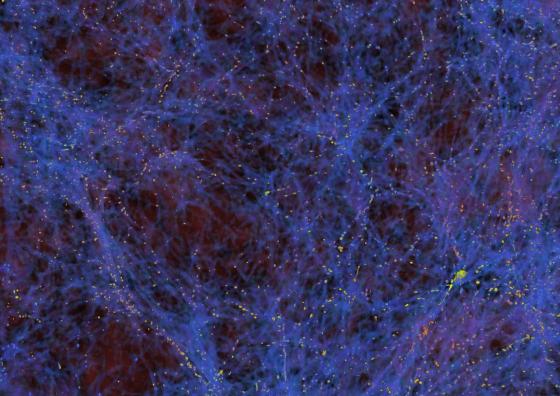 A simulation of the large-scale structure of the Universe that shows density filaments in blue and places of galaxy formation in yellow.