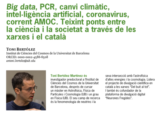 Portada de l'article "Big data, PCR, canvi climàtic, intel·ligència artificial, coronavirus, corrent AMOC. Teixint ponts entre  la ciència i la societat a través de les xarxes i el català" escrit pel Toni Bertólez (ICCUB) a la revista de l'IEC