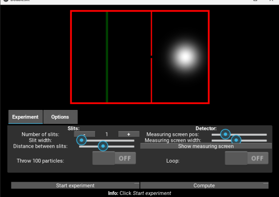 Interfície d’una simulació de l’experiment de les escletxes. A la part superior es mostra un paquet d’ones que representa un electró, una escletxa i una pantalla de detecció. A la part inferior hi ha controls per configurar el nombre d’escletxes, la seva amplada i separació, la posició de la pantalla i el nombre de partícules, amb botons per iniciar l’experiment.